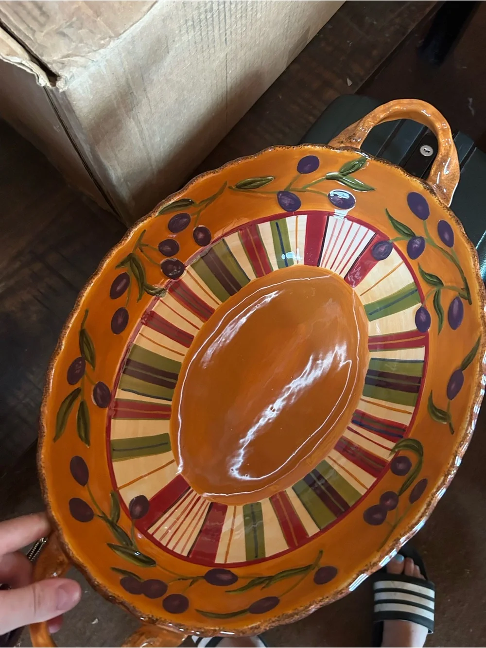 MWW market Orange Serving Bowl with Purple Olive Motif